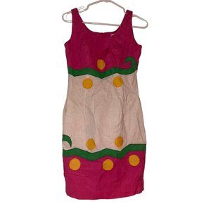 Vintage Bouillabaisse Womens 100% Linen Shift Dress Sz 4 Pink Green Graphic READ